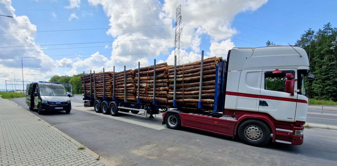Nienormatywny pojazd przewożący drewno, zatrzymany przez małopolskich inspektorów ITD.